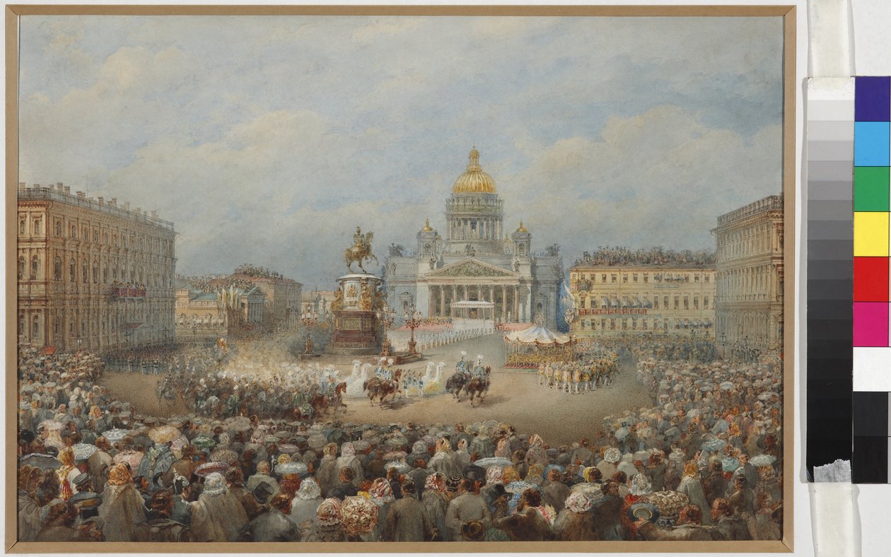 Invigningsceremonin för monumentet till Nicholas I på Mariinsky-torget - Vasily Semyonovich Sadovnikov (1800-1879). Akvarell och vit färg på papper av Vasili Semenovich Sadovnikov