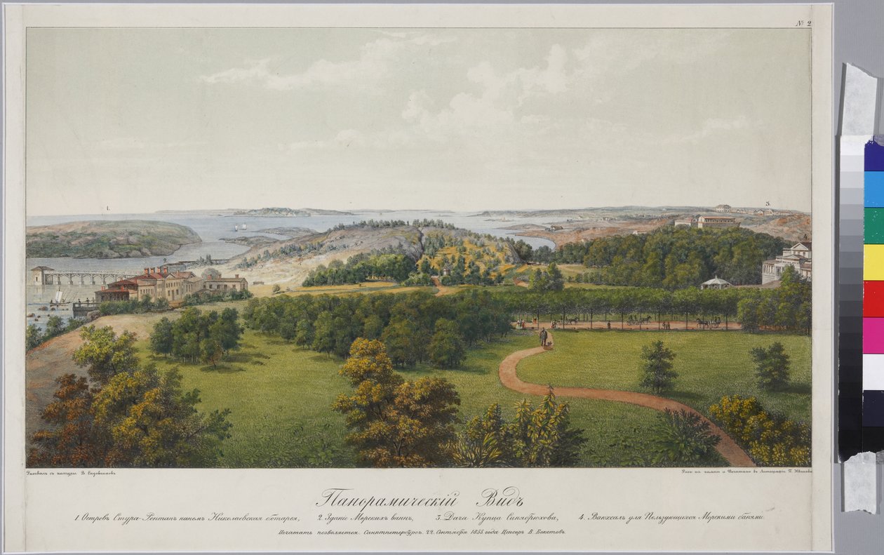 Panoramautsikt över Sveaborg och Helsingfors (blad 2), av Sadovnikov, Vasily Semyonovich (1800-1879). Litografi, akvarell av Vasili Semenovich Sadovnikov