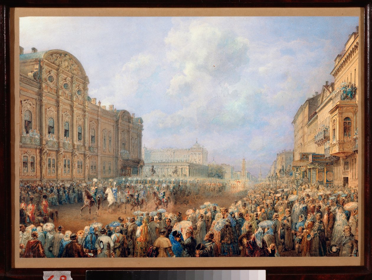 Parad på Neva Avenue (Nevsky Prospect) på Beloselsky Palace Belozersky. (Sankt PETERSBOURG). Verk av Vasily Semyonovich Sadovnikov (1800-1879), akvarell på papper av Vasili Semenovich Sadovnikov