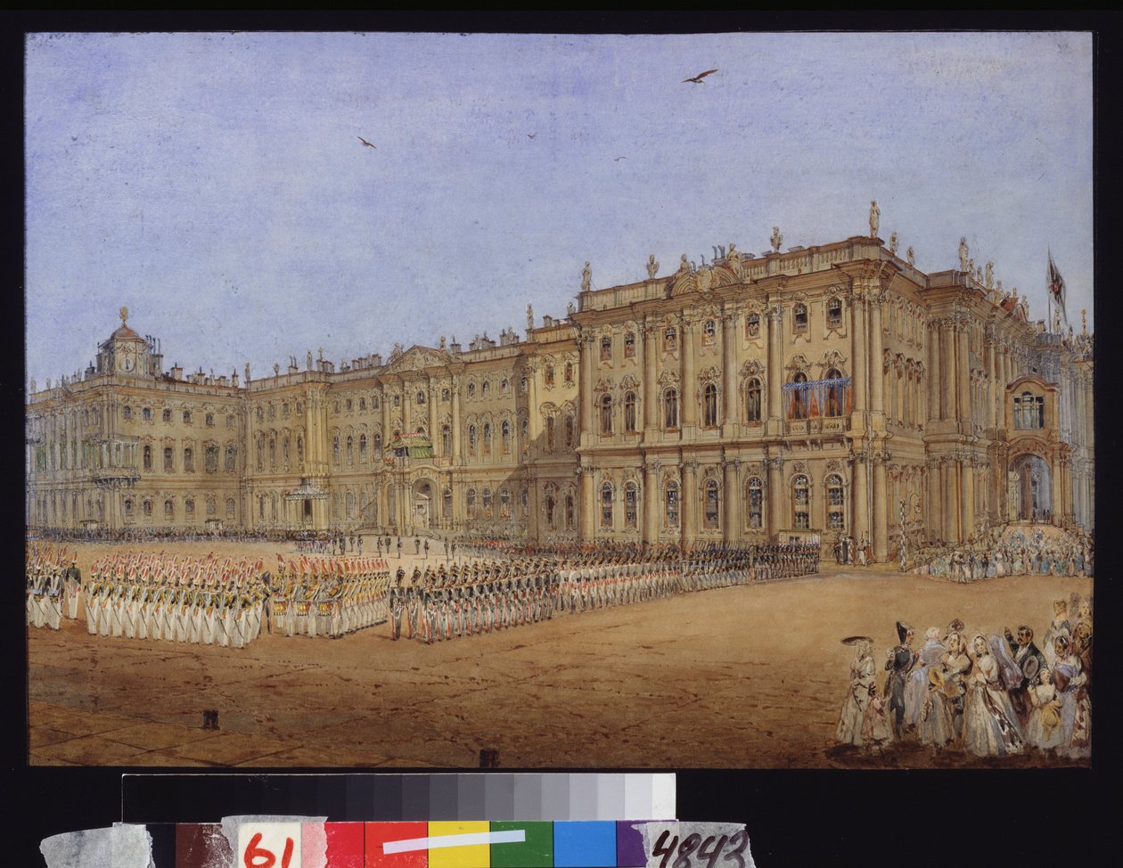 Military Review på Vinterpalatset i Sankt Petersburg. Verk av Vasily Semyonovich Sadovnikov (1800-1879), akvarell på papper, cirka 1840. Rysk konst av Vasili Semenovich Sadovnikov