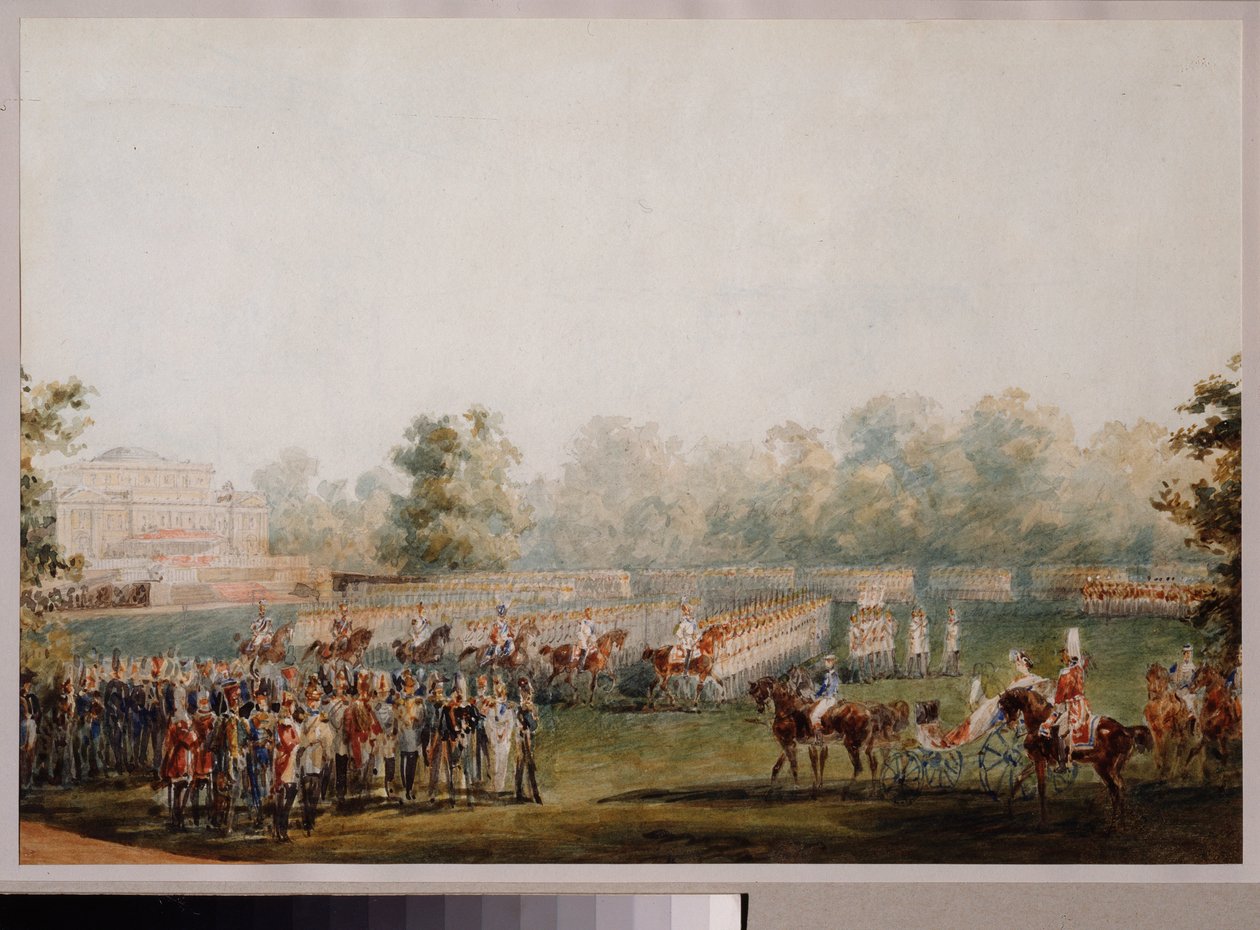 Militärparad på ängen av palatset Elagin i Sankt Petersburg. (Kejsargardets parad). Verk av Vasily Semyonovich Sadovnikov (1800-1879), akvarell på papper av Vasili Semenovich Sadovnikov