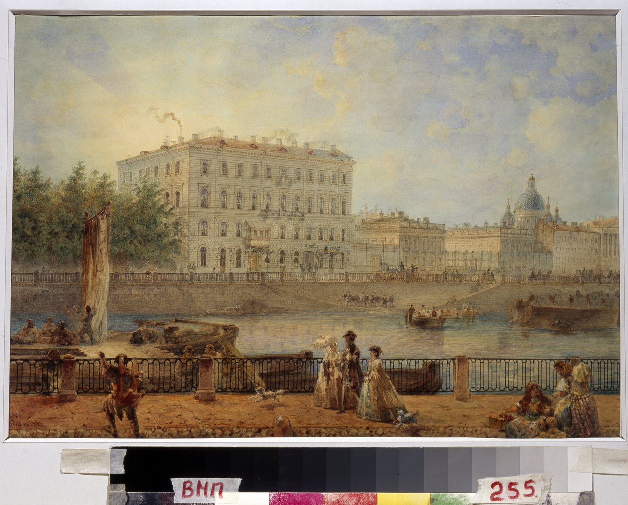 Sankt PETERSBOURG. Utsikt över Fontanka och Derzhavin-huset. (Sankt Petersburg. Utsikt över Fontankafloden och Derzhavinhuset). Verk av Vasily Semyonovich Sadovnikov (1800-1879), akvarell på papper av Vasili Semenovich Sadovnikov
