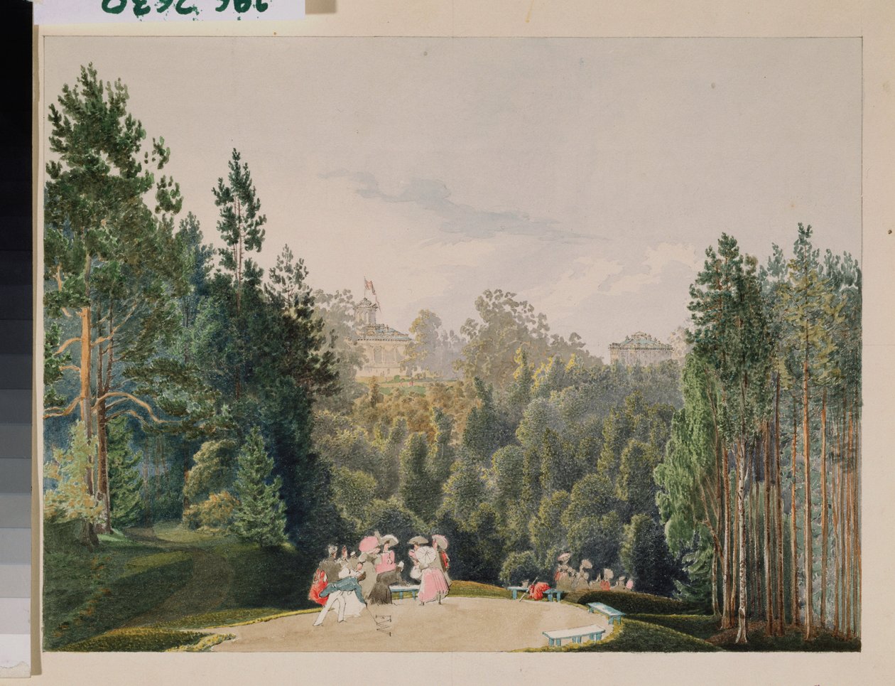 Scen i en park. Verk av Vasily Semyonovich Sadovnikov (1800-1879), akvarell på papper av Vasili Semenovich Sadovnikov