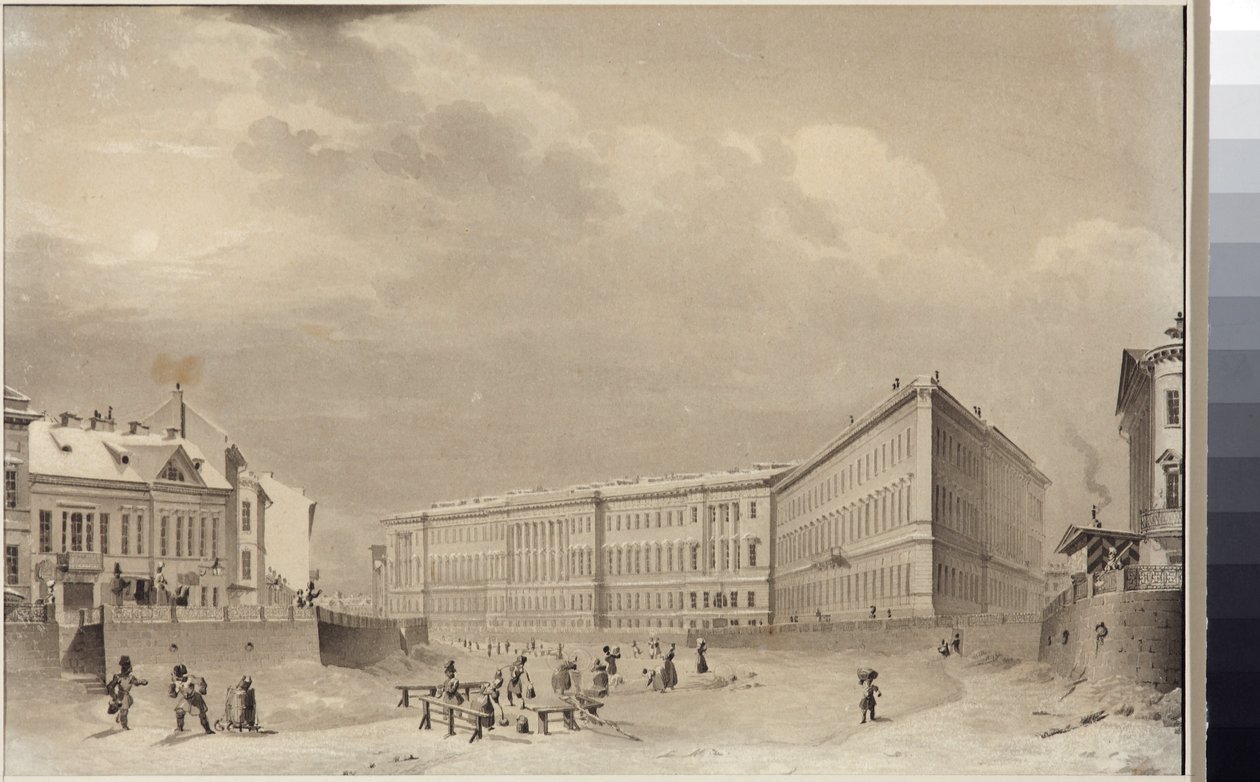 St. Petersburg. Generalstabsbyggnaden på Moikaflodens vallen, av Sadovnikov, Vasily Semyonovich (1800-1879). Akvarell på papper, före 1833. Statens museum för Sankt Petersburgs historia av Vasili Semenovich Sadovnikov