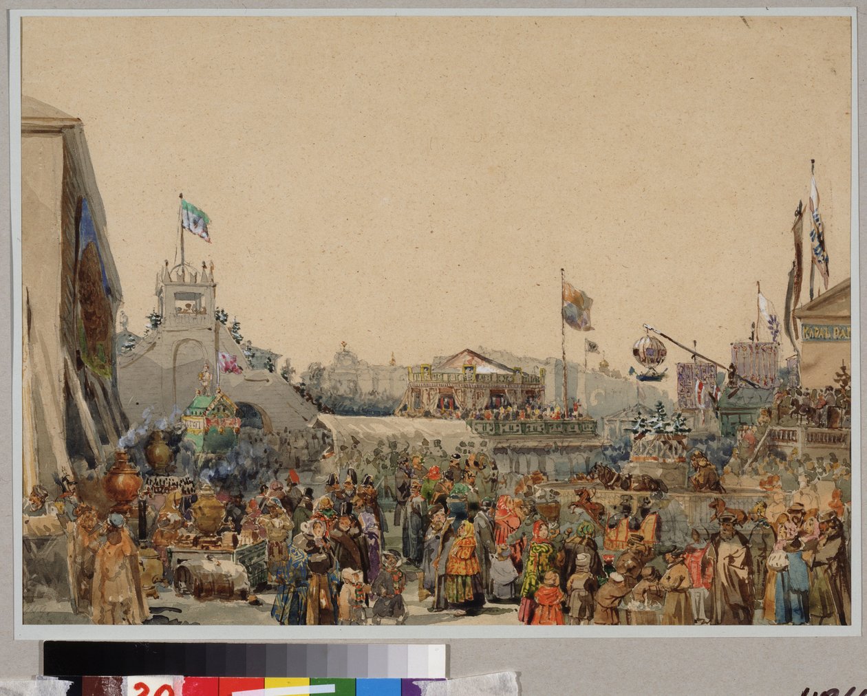 Mässplats på Amiralitetstorget i Sankt Petersburg. Verk av Vasily Semyonovich Sadovnikov (1800-1879), akvarell på papper av Vasili Semenovich Sadovnikov