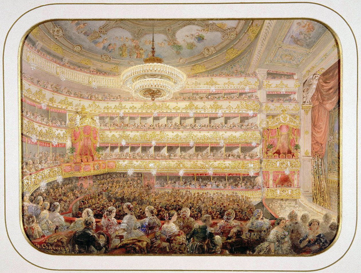 Auditoriet för den kejserliga Bolshoi Kamenny-teatern i Sankt Petersburg av Sadovnikov, Vasily Semyonovich (1800-1879). Akvarell, Gouache på papper, storlek: 35x26 av Vasili Semenovich Sadovnikov