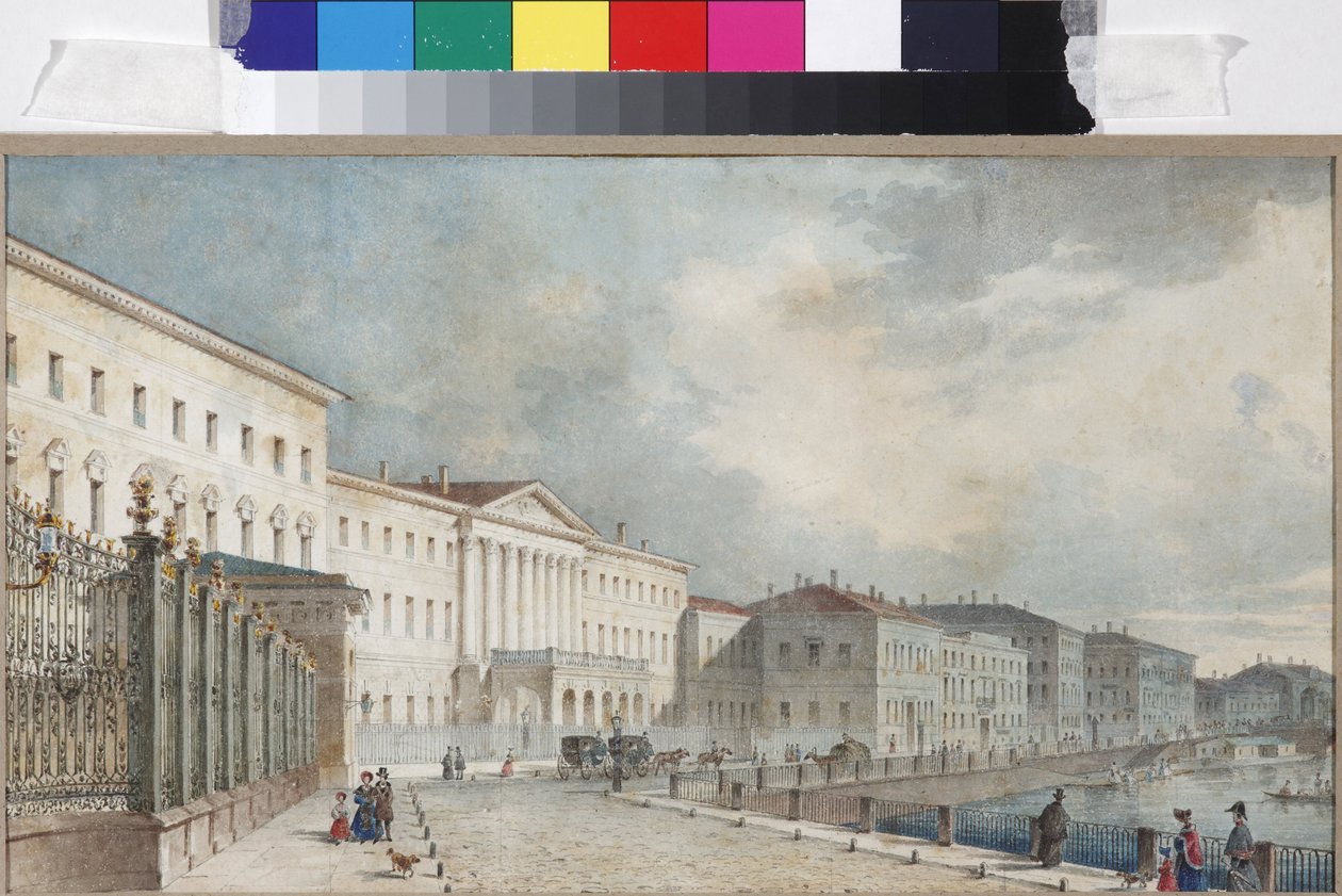 Catherine Institute vid Fontanka-floden, av Sadovnikov, Vasily Semyonovich (1800-1879). Akvarell på papper av Vasili Semenovich Sadovnikov