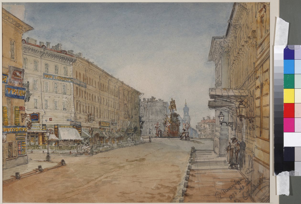 Voznesensky Prospekt i Sankt Petersburg, av Sadovnikov, Vasily Semyonovich (1800-1879). Akvarell på papper av Vasili Semenovich Sadovnikov
