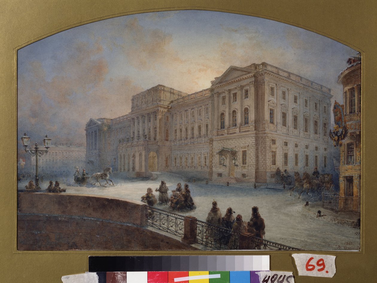 Vy över Marlinsky Palace på vintern (Saint Petersburg). Verk av Vasily Semyonovich Sadovnikov (1800-1879), akvarell på papper av Vasili Semenovich Sadovnikov