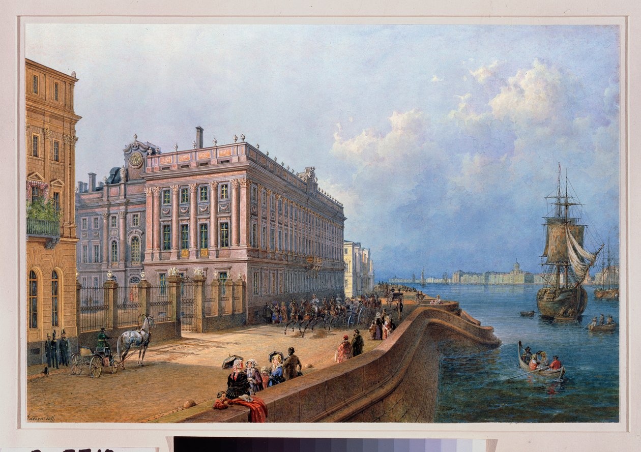 Utsikt över vallen av Neva och marmorpalatset i Sankt Petersburg. Verk av Vasily Semyonovich Sadovnikov (1800-1879), akvarell på papper av Vasili Semenovich Sadovnikov