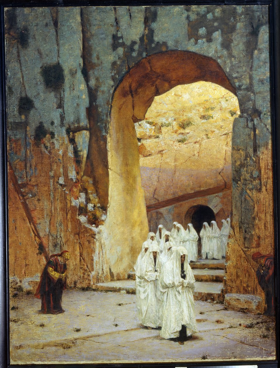 I Jerusalem (Israel). Juda kungliga grav. (I Jerusalem. Juda kungliga grav). En procession av vitklädda karaktärer kommer ut ur Juda kungars grav. En kvinna böjer sig respektfullt ner för att hälsa på dem när de passerar. Målning av av Vasili Vasilievich Vereshchagin