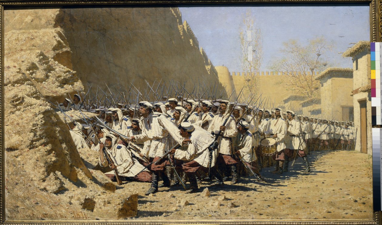 Till befästningarna, släpp in dem! (samling av trupperna före striden) (Vid fästningsmurarna; släpp in dem!) - Målning av Vasili Vasilyevich Vereshchagin (Vereshchagin) (1842-1904), olja på duk (95x160,5 cm) av Vasili Vasilievich Vereshchagin