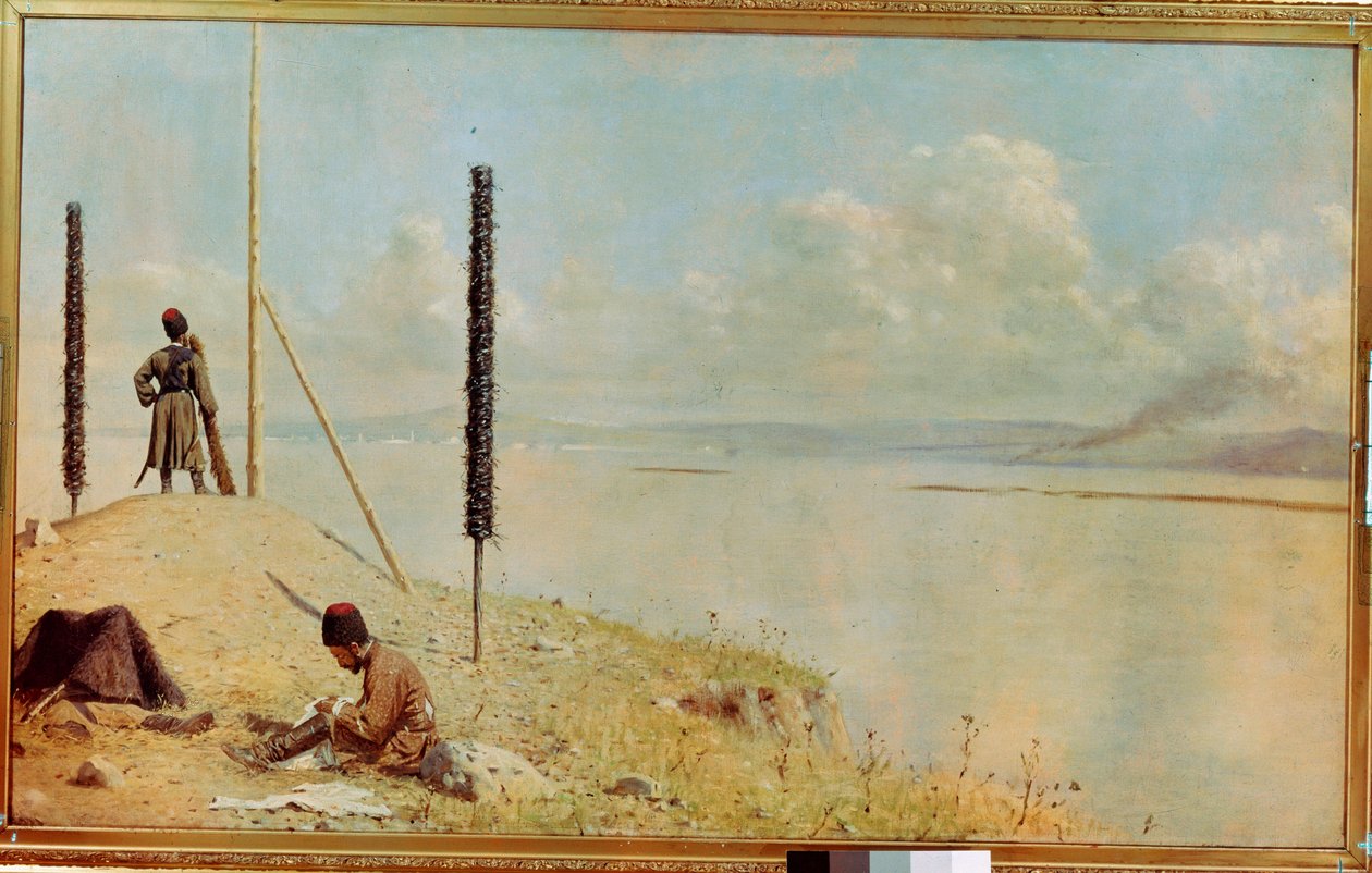 ""Vaktposten på Donau, Ukraina"" Kosackgardet på Donaudeltat - (Picket on the Donau) Målning av Vasili Vasilyevich Vereshchagin (Vassili Vereshchagin) (1842-1904) Olja på duk 1878-1879 Dim 120x200 Ryska museum Konst, Kiev av Vasili Vasilievich Vereshchagin