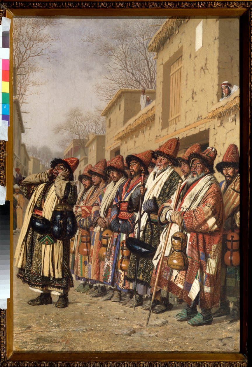 The Chorus of Dervishes Begging Alms in Tashkent (Uzbekistan) (Dervishes Chorus Begging Alms in Tashkent) - Målning av Vasili Vasilyevich Vereshchagin (Vassili Vereshchagin) (1842-1904), olja på duk av Vasili Vasilievich Vereshchagin