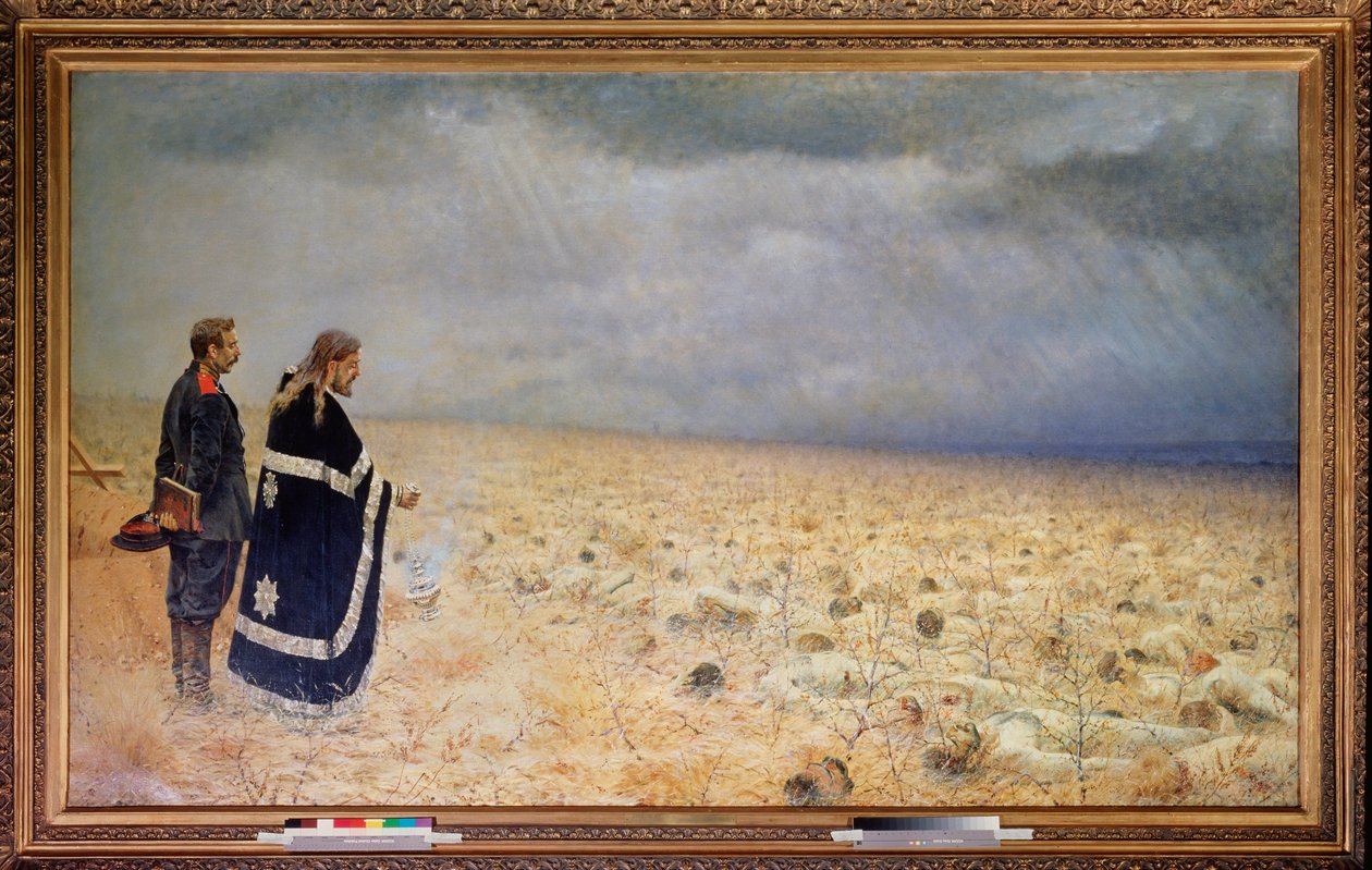 De besegrade, requiem (The Vanquished, Requiem) (Efter belägringen av Pleven (Plevna) i Bulgarien, rysk-turkiskt krig av Vasili Vasilievich Vereshchagin