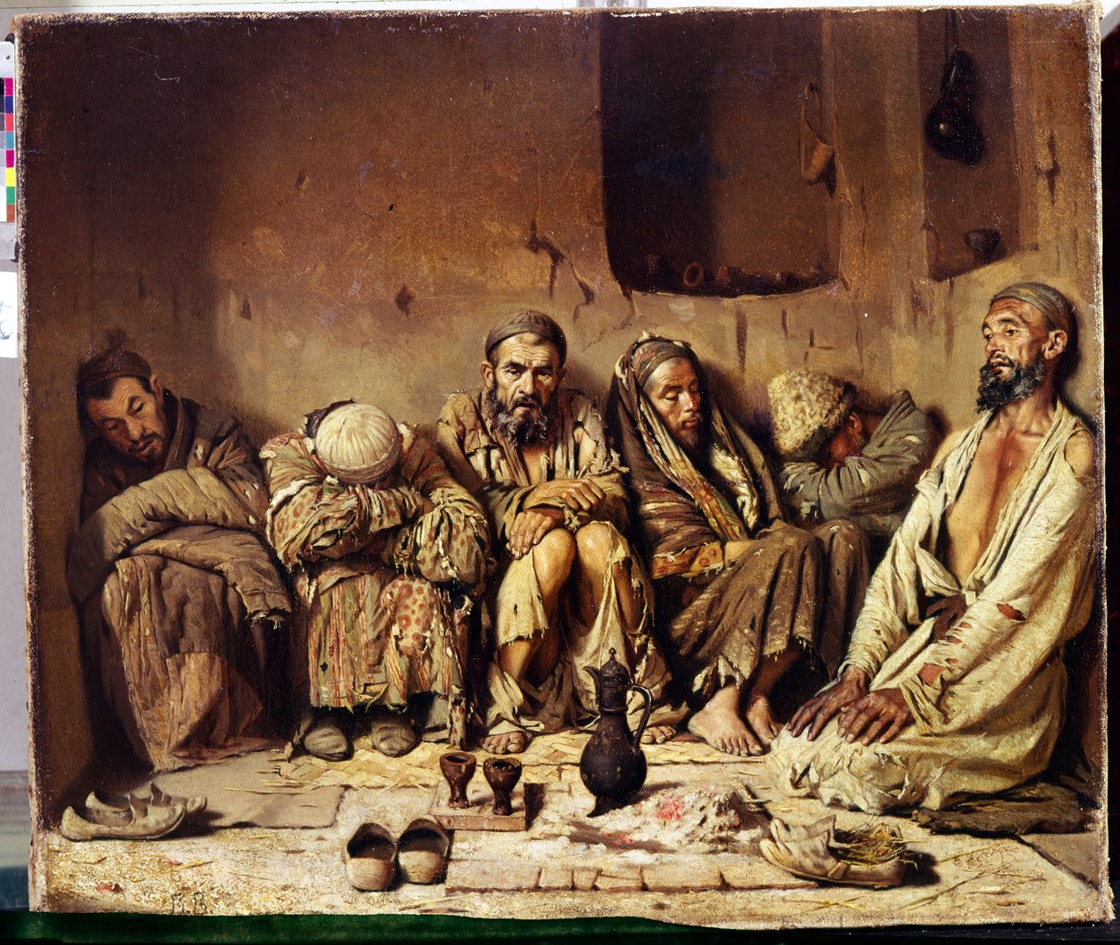 Orientalism: opiumrökare som sitter på en gata i Mellanöstern (Opiumrökare). Målning av Vasili Vasilyevich Vereschagin (Vereshchagin, Vereshchagin) (1842-1904) av Vasili Vasilievich Vereshchagin