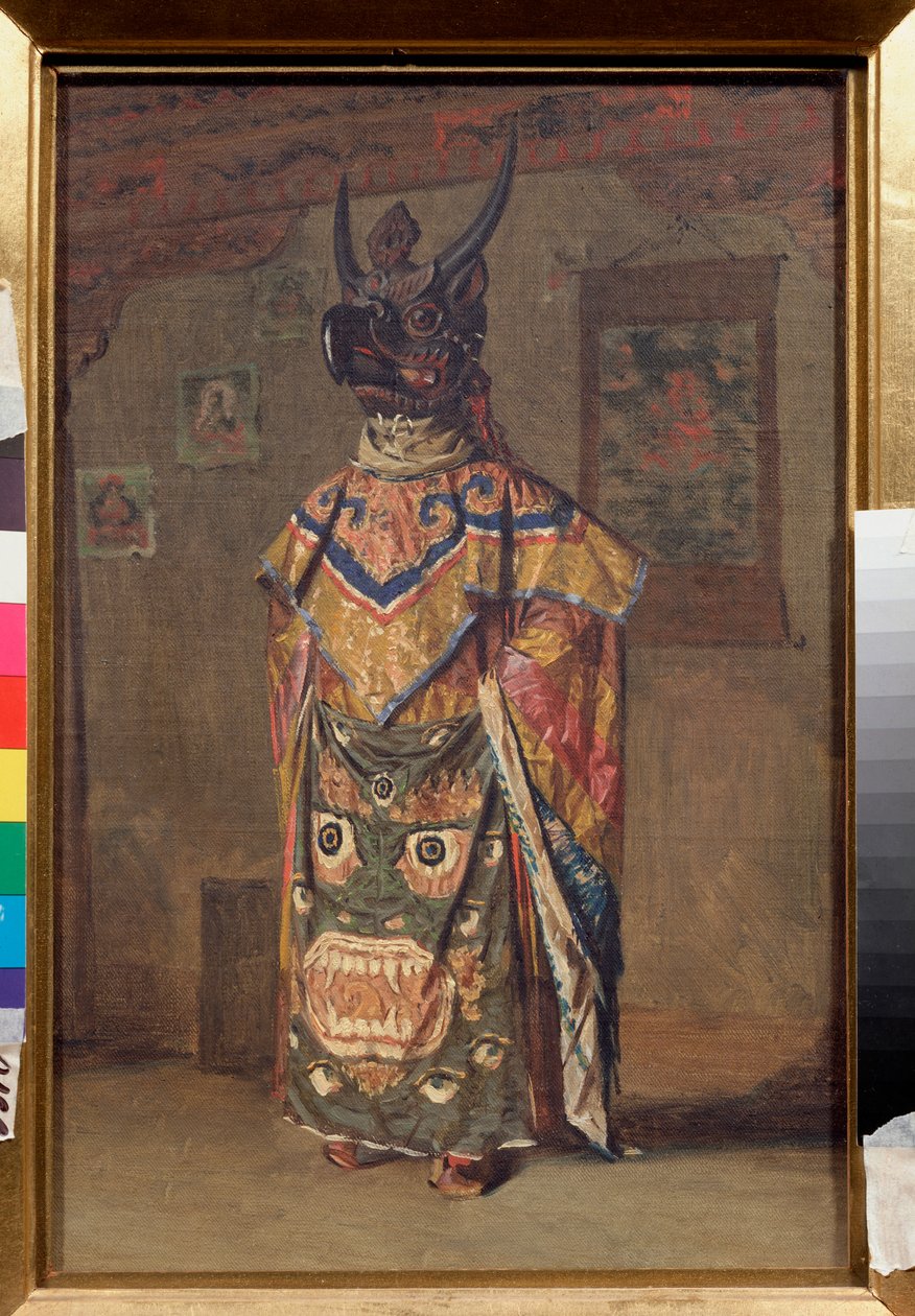 En lama vid en buddhistisk fest i Rumtek-klostret i Sikkim (Indien) (Lama vid en buddhistisk fest i Rumtek-klostret i Sikkim) - Målning av Vasili Vasilyevich Vereshchagin (Vassili Vereshchagin) (1842-1904), olja på duk av Vasili Vasilievich Vereshchagin