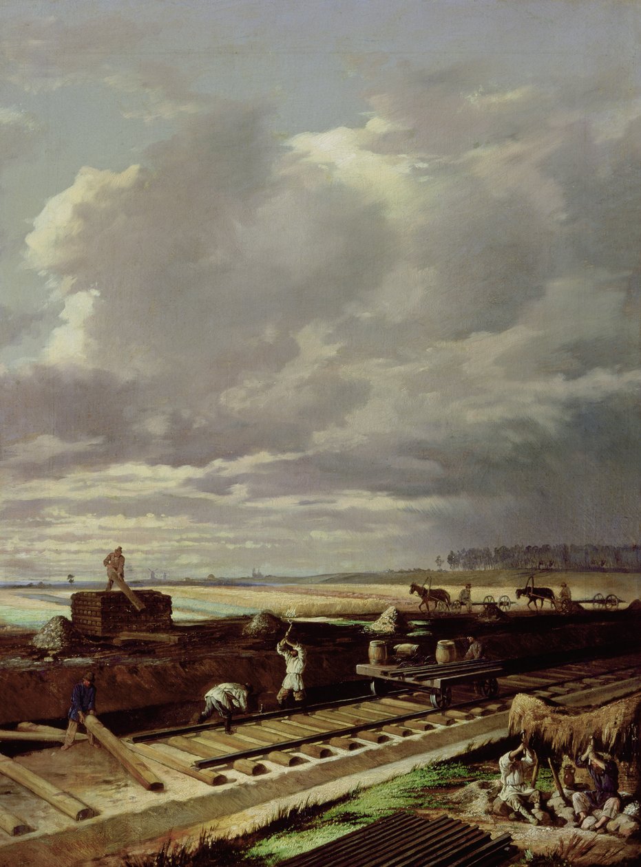 Byggnadsarbete på en järnvägslinje, 1871 av Vasili Vladimirovits Pukirev