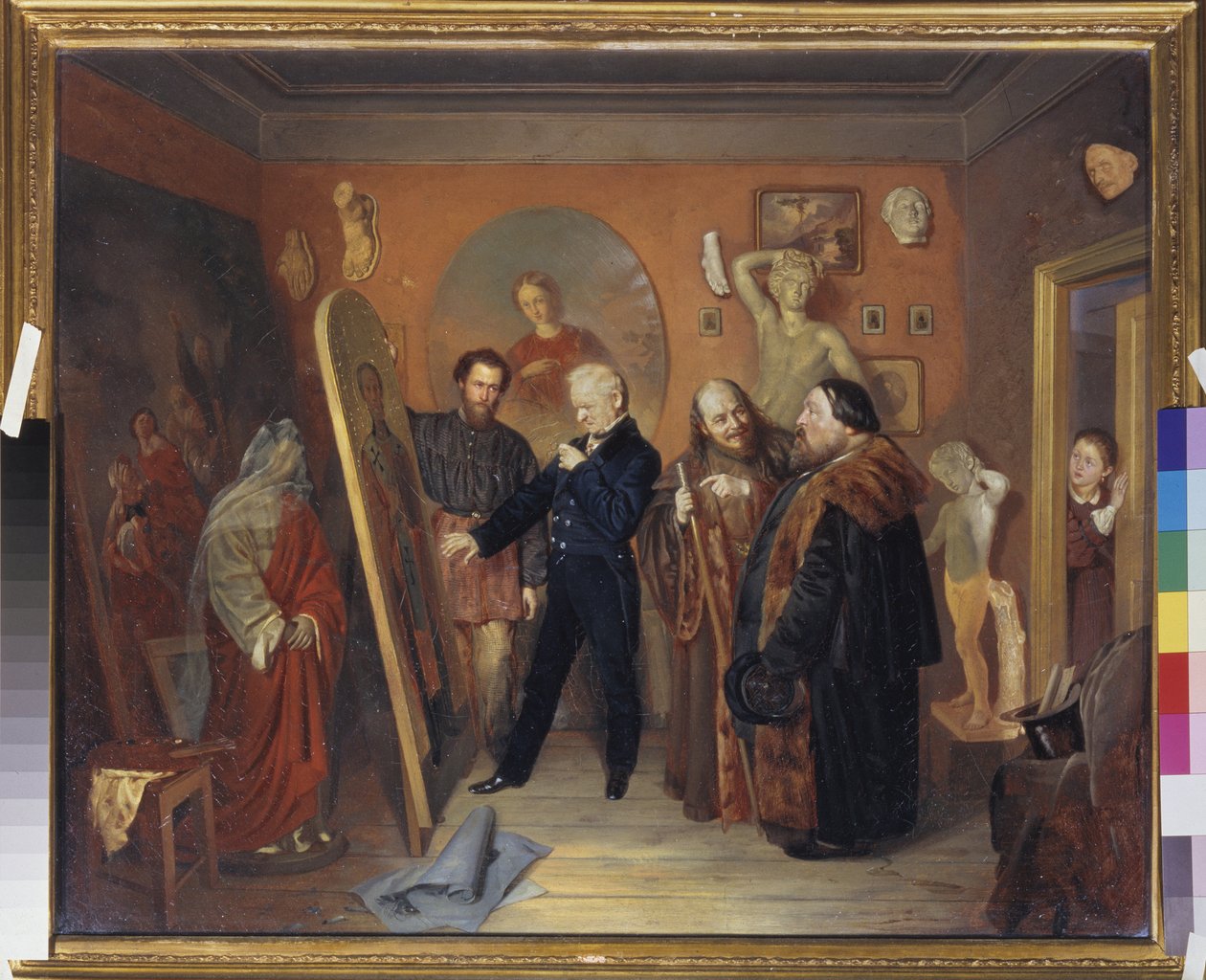 Målarens ateljé. En målare visar en av sina målningar för konsthandlare. Ett barn observerar scenen. Målning av Vasily Vladimirovich Pukirev (Vassily Pukirev) (1832-1890), olja på duk av Vasili Vladimirovits Pukirev