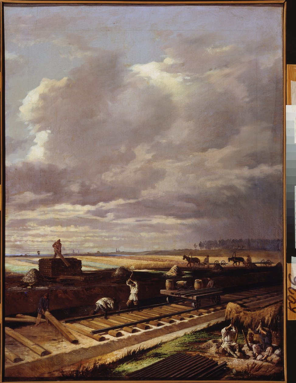 Byggnadsarbete på en järnvägslinje - Målning av Vasili Vladimirovich Pukirev (Vassili Poukirev) (1832-1890), olja på duk av Vasili Vladimirovits Pukirev