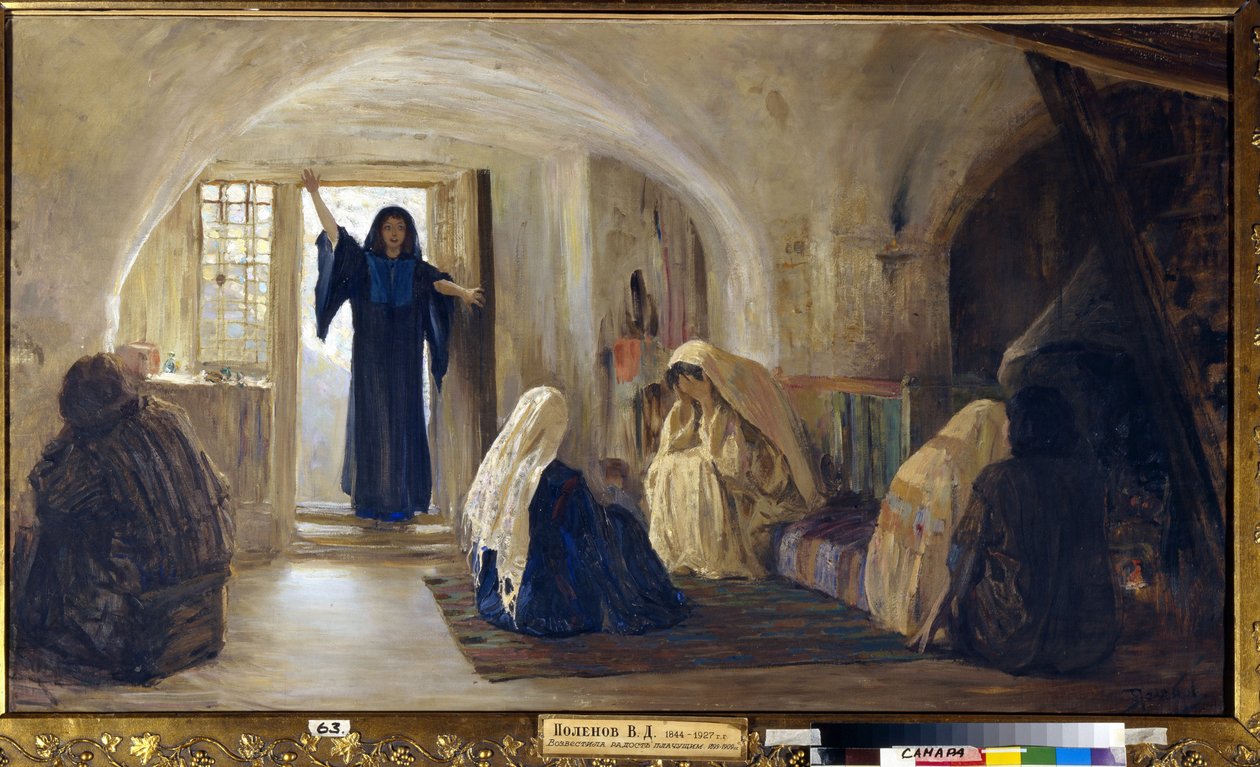 Triggering Tears of Joy (En strålande ung kvinna går in i ett hus där alla sitter och mopar och gråter) (Inledde en tårfylld glädje) - Målning av Vasili Dmitrievich Polenov (1844-1927), olja på duk (80x141 cm),1899-1905 - Stat av Vasilij Dmitrievich Polenov