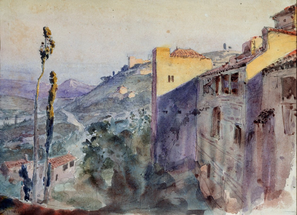 Förberedande dekor för operan ""The scarlet rose"" av Nikolai Krotkov - Scenografi för operan Den scarlet rosen av N. Krotkov - Verk av Vasili Dmitrievich Polenov (1844-1927), penna och akvarell på papper av Vasilij Dmitrievich Polenov