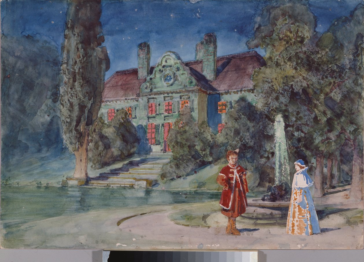 Förberedande dekor, en trädgård framför ett hus, för operan ""Boris Godounov"" av Modeste Moussorgsky (1839-1881) - Scenografi för operan Boris Godunov av Modeste Musorgsky - Verk av Vasili Dmitrievich Polenov (1844-1927) , akvarell och gouache på av Vasilij Dmitrievich Polenov