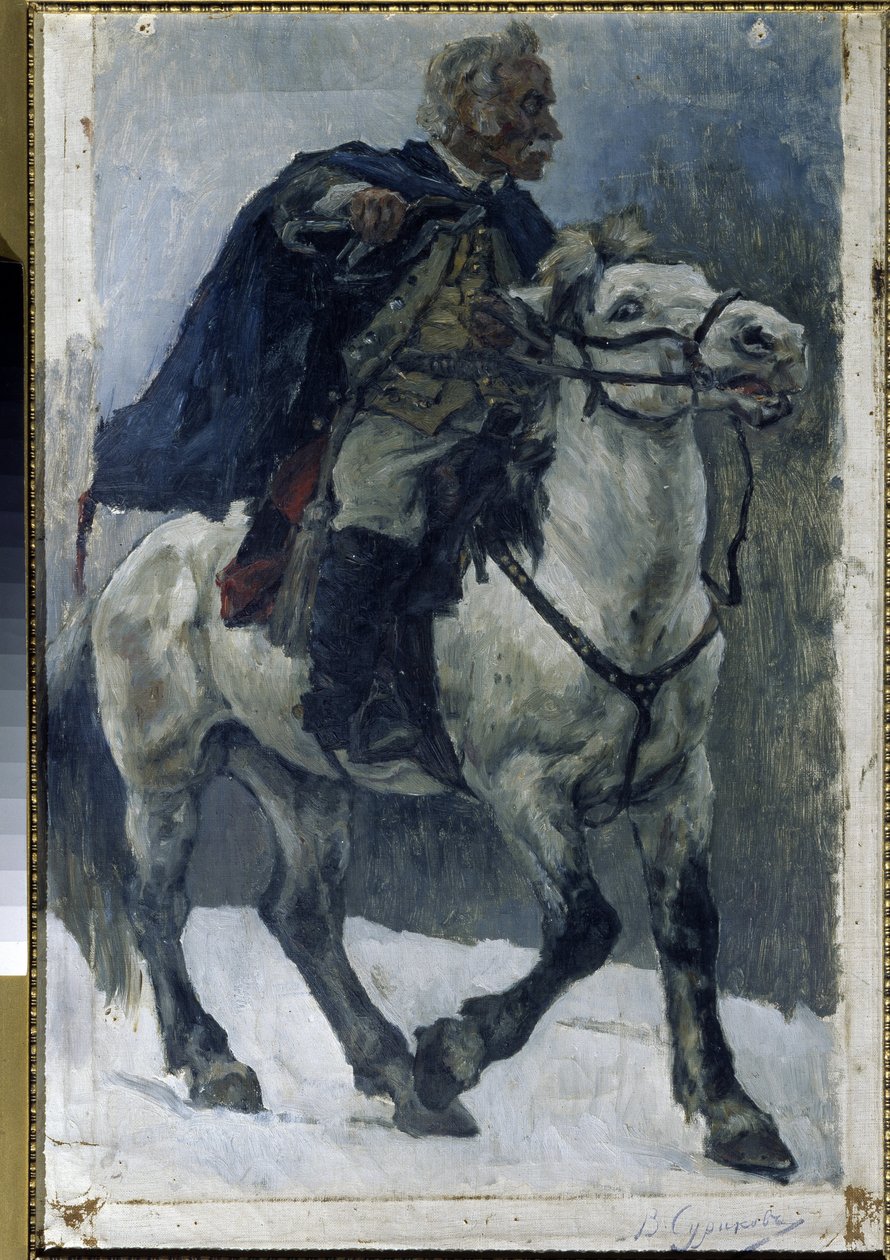 Alexander Suvorov (1729-1800) till häst. (Alexander Suvorov till häst). Den ryske hjälten beskrivs när han korsar Alperna, i spetsen för ryska trupper, under det italienska fälttåget (1799-1800). Målning av Vasilli Ivanovich Surikov (Vasily Surik av Vasilij Ivanovic Surikov