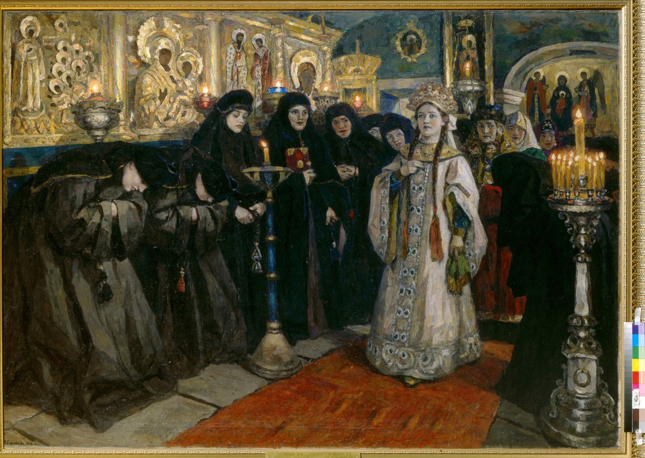 Storhertiginnan på besök i ett kloster. (Tsarevna besökte ett nunnekloster). Målning av Vasilli Ivanovich Sourikov (Vasily Surikov eller Vasily Surikow) (1848-1916), olja på duk av Vasilij Ivanovic Surikov