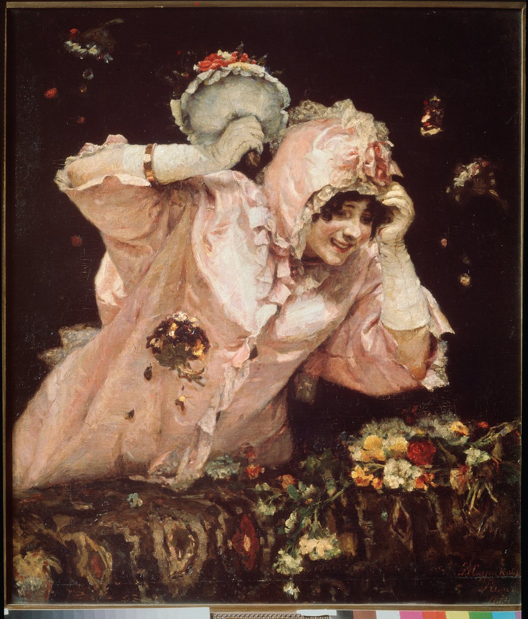 Karnevalsscen i Rom (Italien) (En ung kvinna som lutar sig på en balkong, tar emot och kastar buketter) - Karnevalsscen i Rom - Målning av Vasilli Ivanovich Sourikov (Vasily Surikov eller Vassili Surikow) (1848-1916), olja på webben av Vasilij Ivanovic Surikov