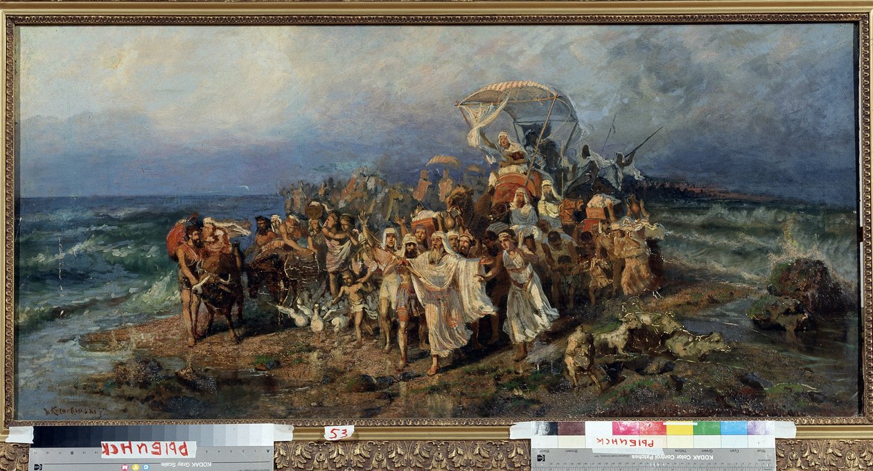 Israeliterna som korsar Röda havet. Avsnitt av utvandringen till det judiska folkets land Israel, flyende från slaveri och Egyptens faraos arméer. Målning av Vasily (Vasili, Vasilii, Wilhelm) Alexandrovich Kotar av Vasily Alexandrovich Kotarbinsky
