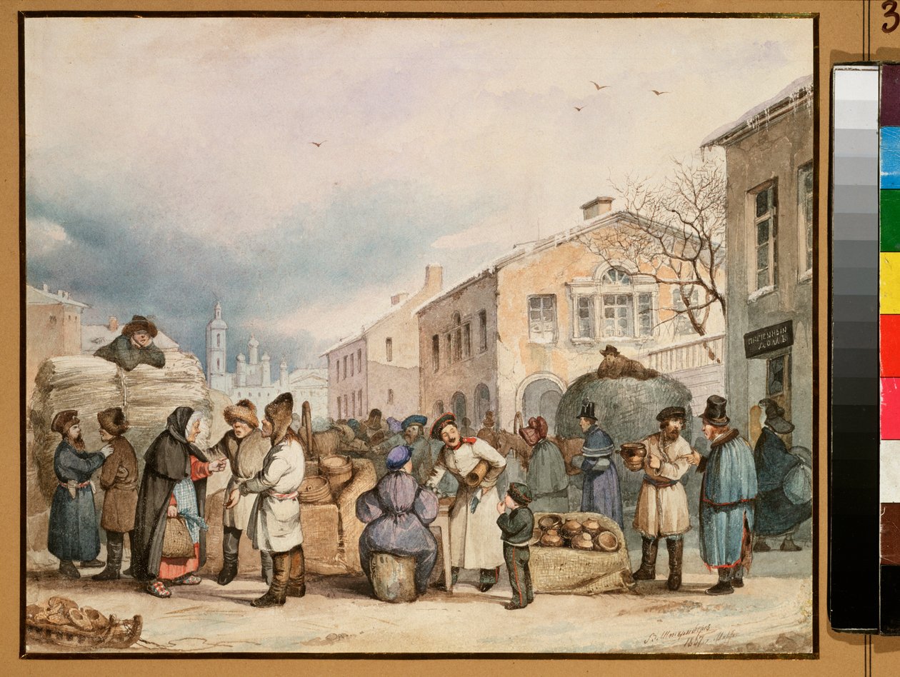 Hömarknadsplatsen i Sankt Petersburg - Verk av Vasili Ivanovich Shternberg (1818-1845), akvarell på papper av Vasily Ivanovich Sternberg