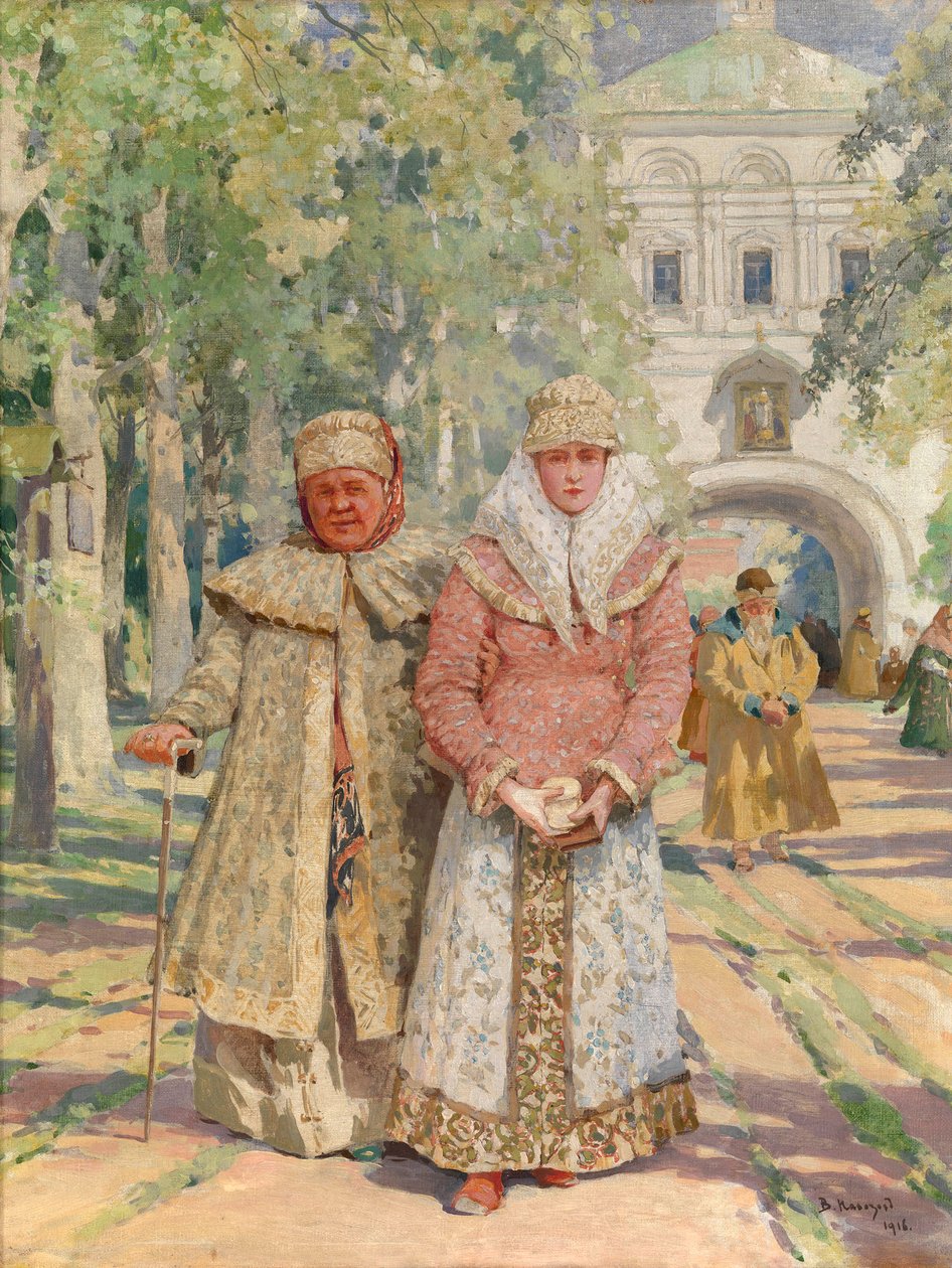 Utanför klosterporten - Målning av Vasily Ivanovich Navozov (1862-1919), olja på duk (49x41,5 cm) av Vasily Ivanovich Navozov