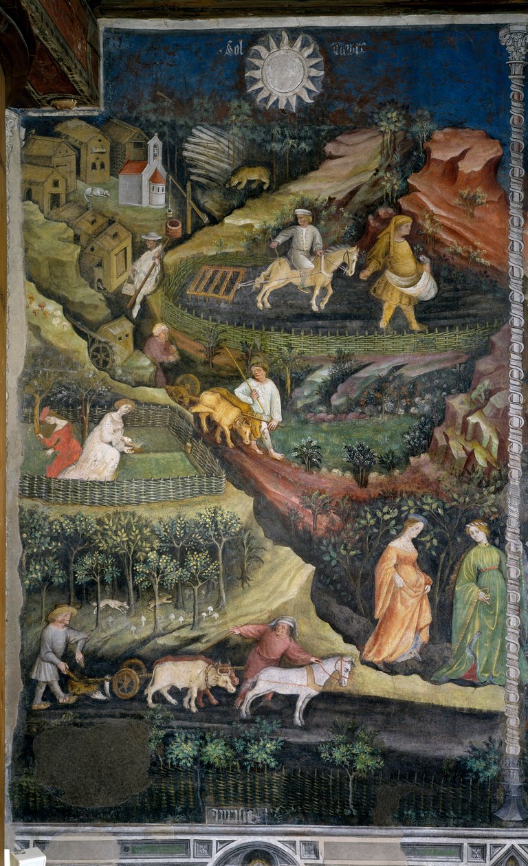 April: plöjning och sådd av åkrar. Jordbruksscen med plog, harv och jordbruksredskap på landsbygden. Målning av Månadernas Mästare eller Mästare Wenceslas (Maestro dei Mesi eller Maestro Wenceslao på italienska, början av 1400-talet) r av Venceslao Maestro