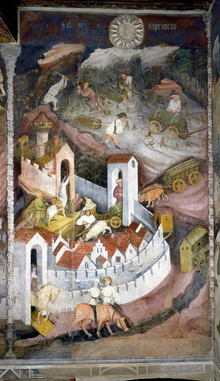 December: skogshuggarna samlar ihop veden och för den tillbaka till staden Trento där muren och slottet Buonconsiglio är representerade. Målning av Månadernas Mästare eller Mästare Wenceslas (Maestro dei Mesi eller Maestro Wenceslao på italienska, börjar av Venceslao Maestro
