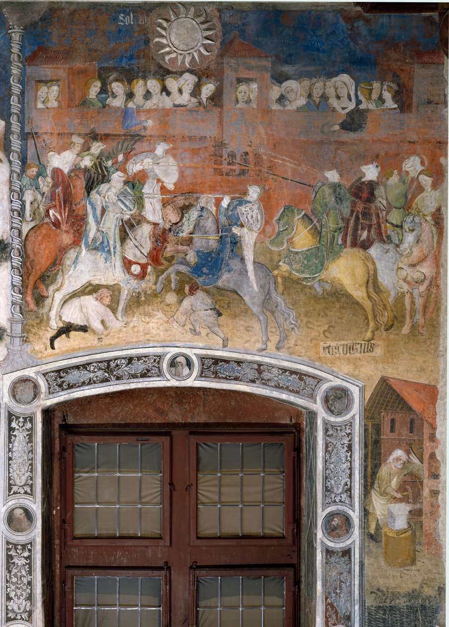 Februari månad: riddarturnering med åskådare. Målning av Månadernas Mästare eller Mästare Wenceslas (Maestro dei Mesi eller Maestro Wenceslao på italienska, början av 1400-talet) restaurerade av Marcello Fogolino omkring 1535. Fresco. Trento, av Venceslao Maestro