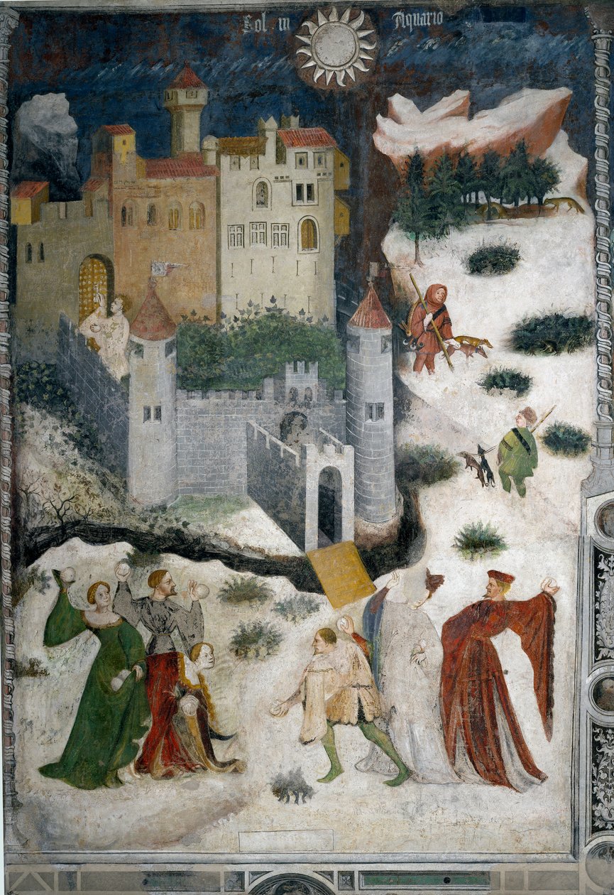Januari månad: snölandskap med aristokrater och jägare. Aristokrater spelar snöbollar medan jägare går på jakt med sina hundar. Längst ner är slottet Castello di Stenico och en man med nyckeln är redo att öppna fästningsdörren. Målning av Mas av Venceslao Maestro