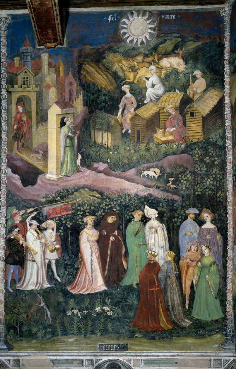 Juni månad: dans av damer och ryttare. I botten behandlas kor och osttillverkning med mjölk. Folk lastade med mat kommer ut från slottet. Kardinal Bernardo Cles (1485-1539), sponsor till målningen som gjordes om av Fogolino, är representerad i av Venceslao Maestro