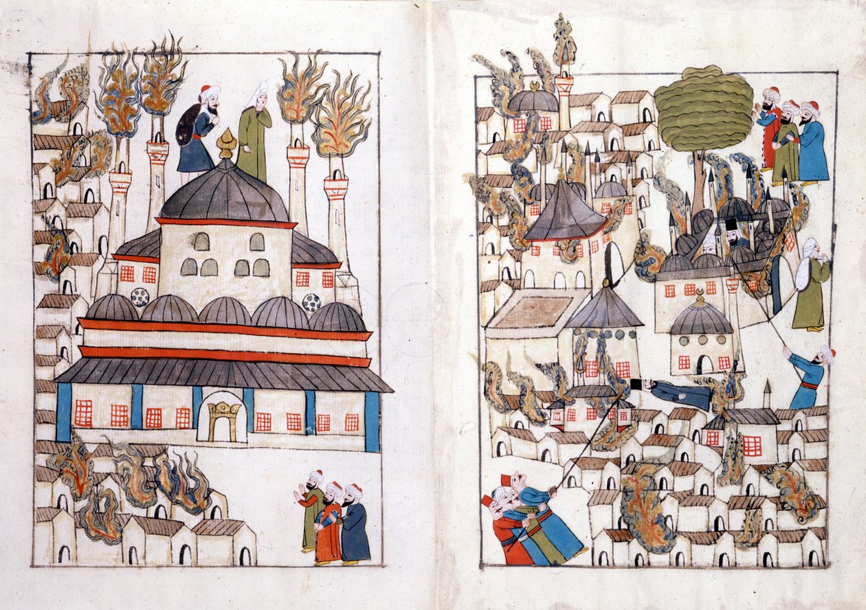 En brand i Konstantinopel 1660. Miniatyr från "" Turkish Memorials"" (codex Cicogna 1971 "Memorie Turchesche") Akvarell från 1600-talets venetianska skola. av Venetian School