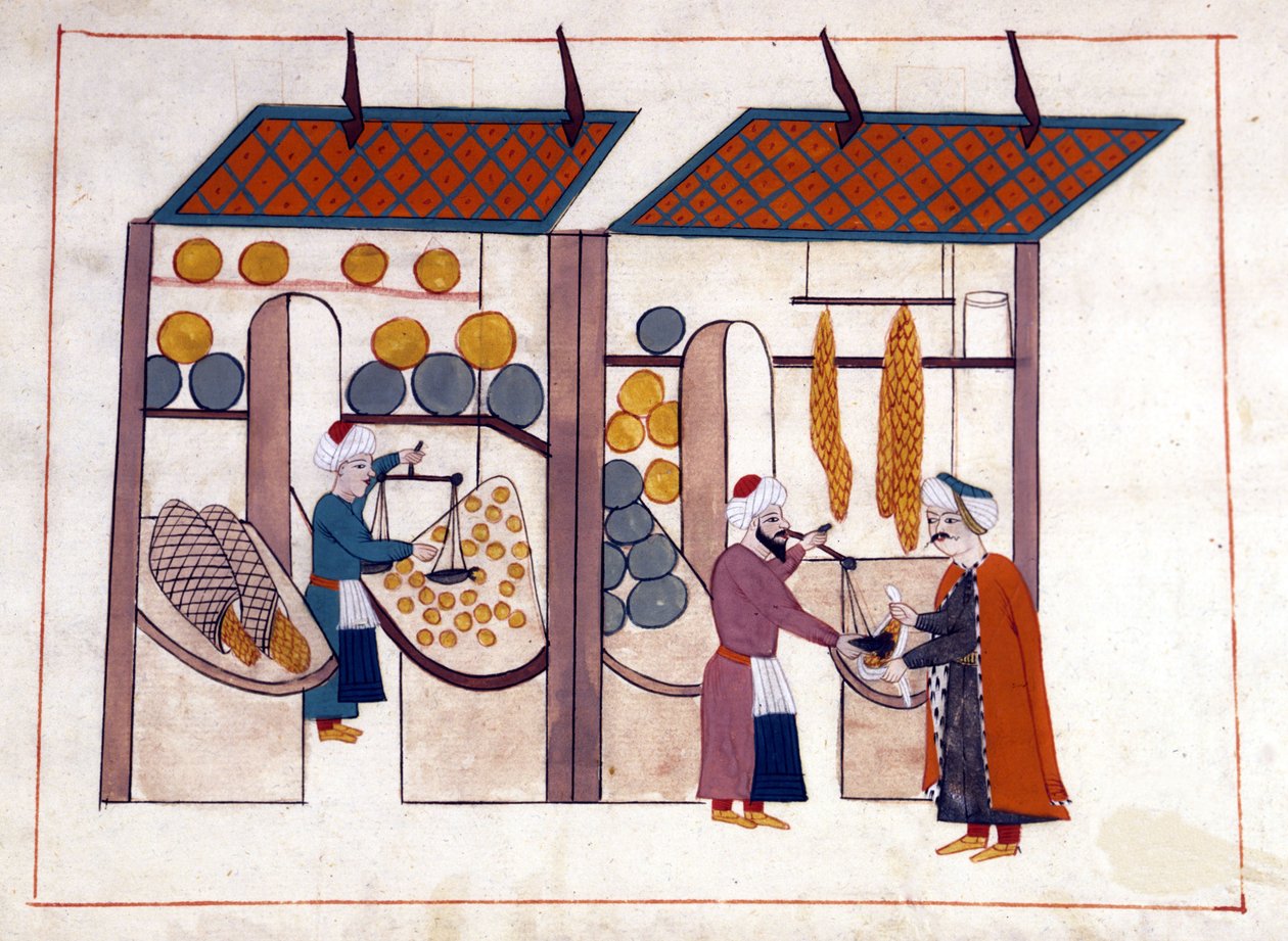 En frukt- och grönsakshandlare (fyra årstider) i Konstantinopel, Turkiet under det osmanska riket. Miniatyr från "" Turkish Memorials"" (codex Cicogna 1971 "Memorie Turchesche") Akvarell från 1600-talets venetianska skola. av Venetian School