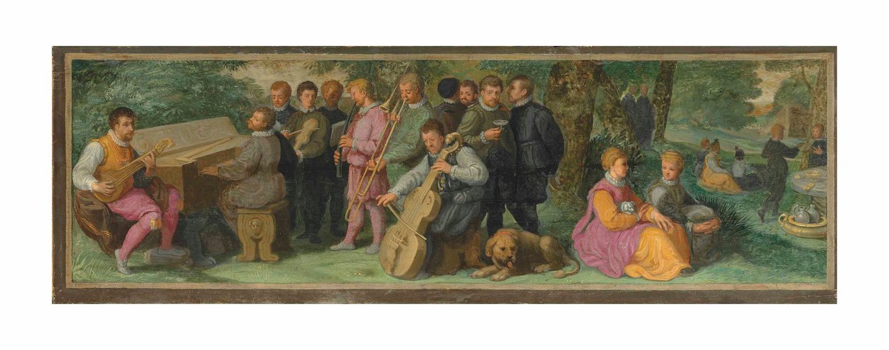 En pastoral konsert, med eleganta figurer som spelar en cittern, ett clavichord, en fiol, en kornett, en trombon och en violoncello (olja på panel) av Venetian School