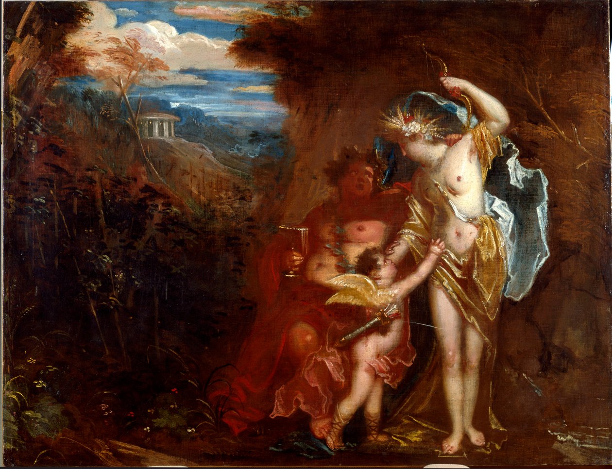 Bacchus, Ceres och Love Anonym målning av venetianskt inflytande av Venetian School