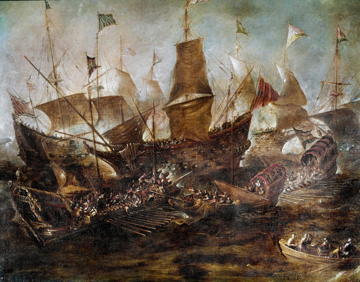 Strid mellan venetianska och turkiska flottor Målning av den venetianska skolan. 1600-talet. Istanbul, Marinmuseum av Venetian School