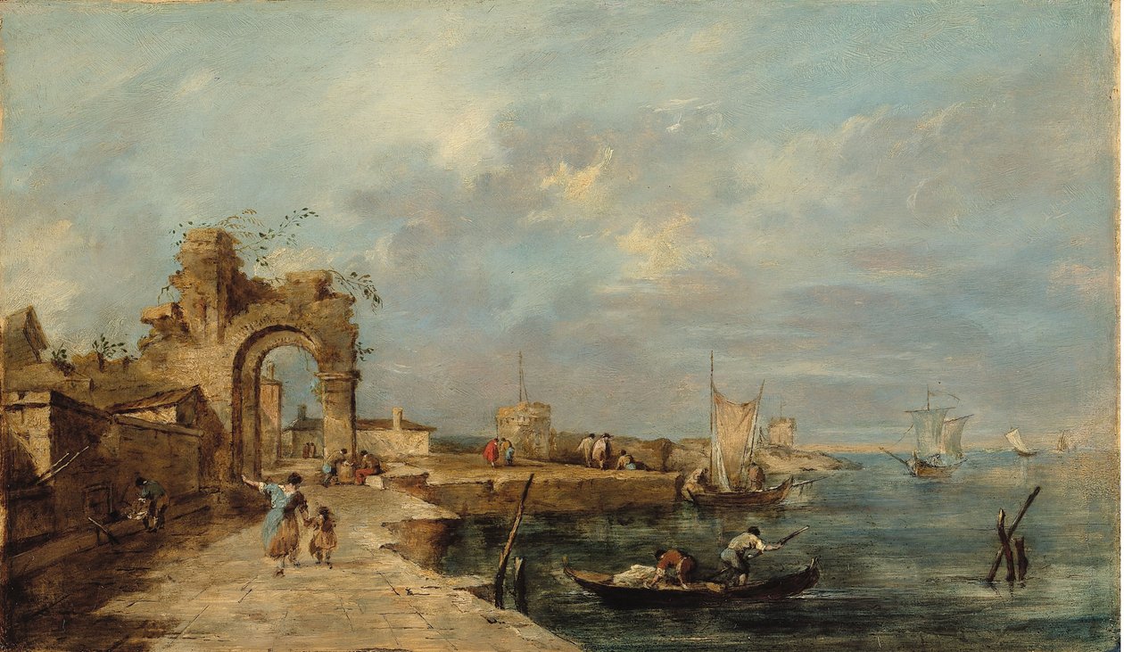Caprice, med ruinerad båge och hamnstad av Venetian School