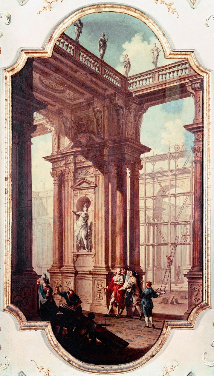 Byggarbetsplats för en villa i Venetie Målning av den venetianska skolan. Venedig Galleria del Accademia från 1700-talet av Venetian School
