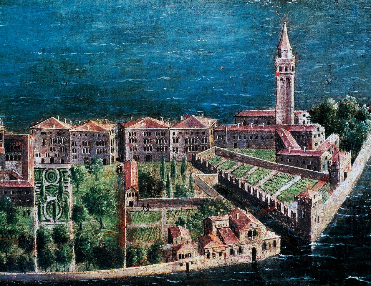 Trädgård bredvid Frälsarens kyrka, detalj från Venedig i fågelperspektiv, målning av venetiansk skola, Italien av Venetian School