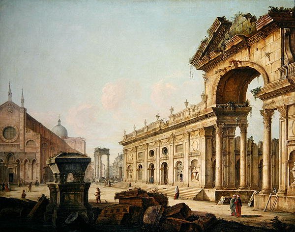 Imaginary View with Triumphal Arch (olja på duk) av Venetian School