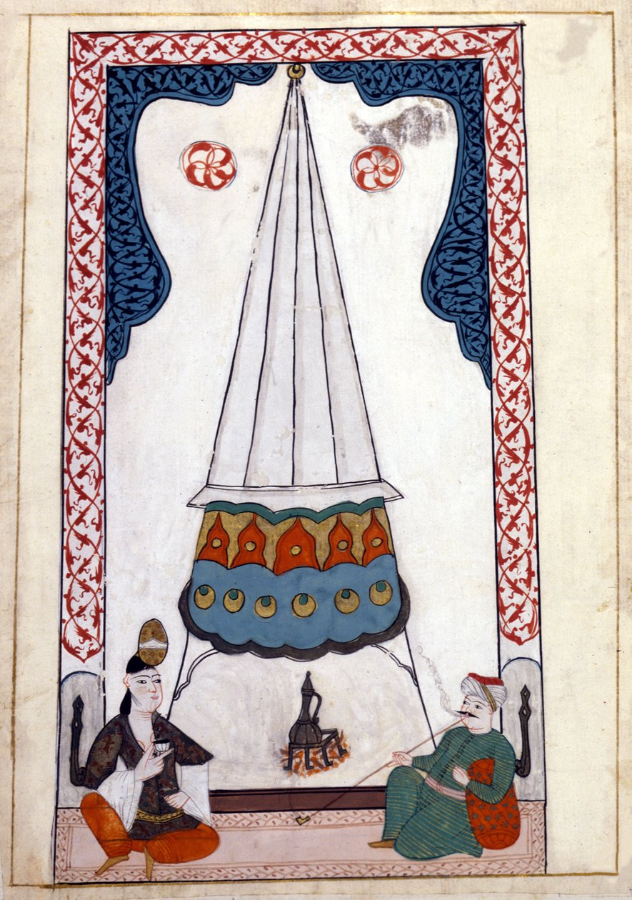 Interiörvy av en bostad i Turkiet under det osmanska riket. Miniatyr från "" Turkish Memorials"" (codex Cicogna 1971 "Memorie Turchesche") Akvarell från 1600-talets venetianska skola. av Venetian School