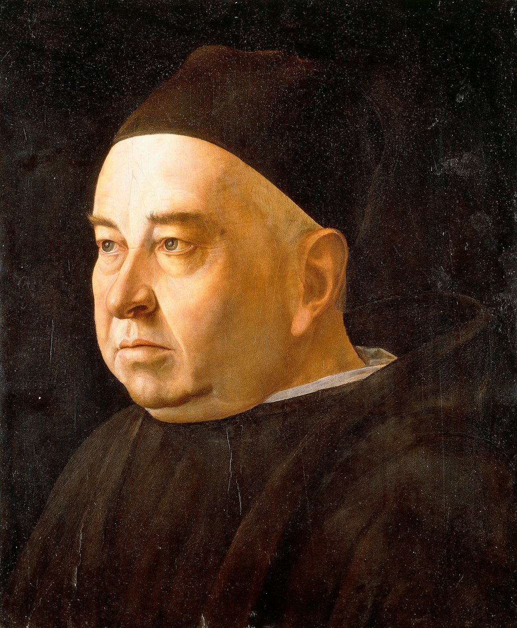 Porträtt av en präst, bystlång klädd i svart kappa och keps, ca 1490 av Venetian School