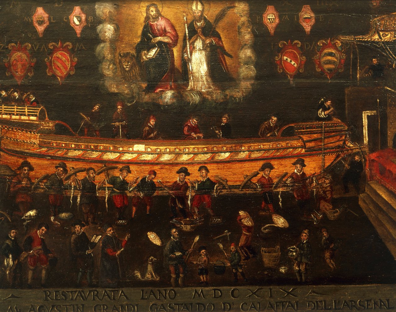Skylt för Guild of Ship Building i Arsenale i Venedig, Italien av Venetian School